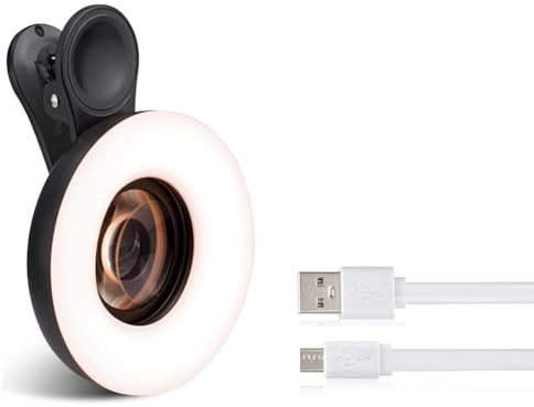 Akfldms Portable Rechargeable Dimming Ring Light with Mini Clip, for Smartphone Photography Camera Macro Lens for Video Recording