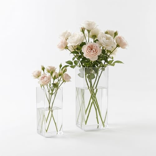 Shatterproof Flower Vase, 2pcs Square Flower Vase, 25&20cm Clear Vases