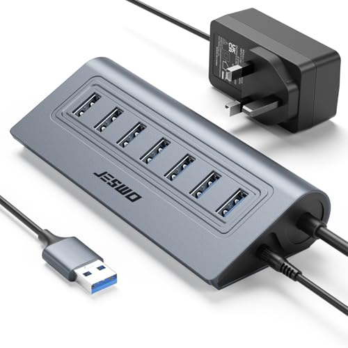 JESWO Powered USB Hub, 7 Ports USB 3.0 Hub with 5V/4A Power Adapter | Aluminium, Multi USB Splitter 5Gbps, 3.4ft Cable for PC Laptop iMac Keyword Mouse Flash Drive