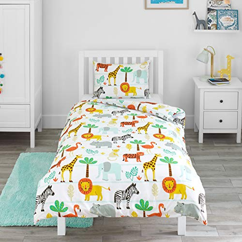 Bloomsbury Mill - Juego de Funda Nórdica Reversible para Niños y Niñas –Animales de la Jungla/Selva - Juego de Edredón Individual y Almohadas para Cama Individual Infantil - 135 x 200 cm