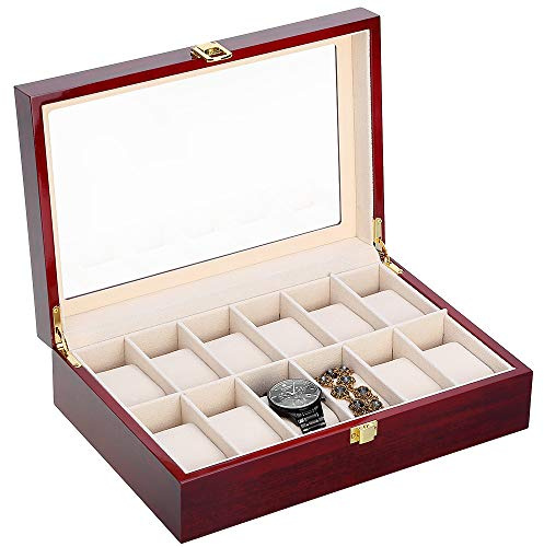 Uten Watch Box, 12 Slot Wooden Watch Case with Removable Watch Pillow, Metal Clasp Watch Display, Watch Box Organizer for men and women.