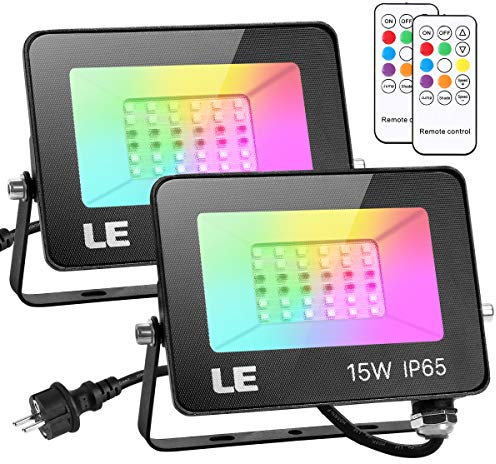 Lepro 15W LED Strahler RGB mit RF-Fernbedienung, 2er Wasserdicht LED Fluter mit Memory-Funktion, Dimmbar Farbwechsel Außenstrahler, IP65 Farbig Außenlampe, Bunt Flutlicht für Garten, Party Deko