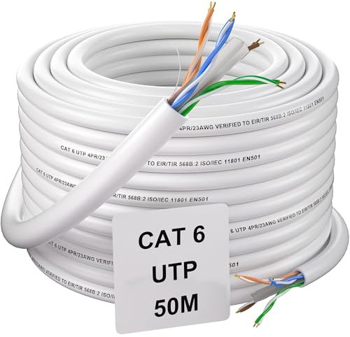 Soibke Nätverkskabel 50m Cat 6, Internetkabel Utomhus Ethernet Cable | Väderbeständig UTP 23AWG LAN Kabel Hög Hastighets Patchkabel Långa Bulk Vit Installationskabel