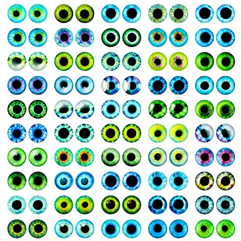 MWOOT 100 Piezas 12MM Juguete Ojos de Vidrio Ojos Manualidades,Dragon Eyes Glass Cabochon Eyes,50 Estilo Cristal Verde Azul Dragón Gato Búho Pájaro Humano Ojos para DIY Muñeca Joyas Scrapbooking Decor