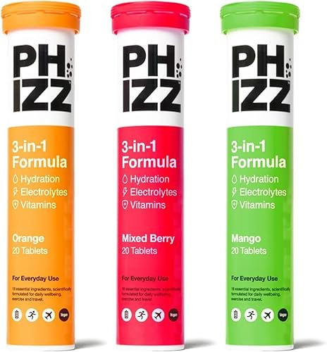 Phizz Electrolytes, Multivitamin & Hydration - Effervescent Rehydration Electrolyte Tablets - 18 Vitamins & Minerals, Vitamin C, Vegan & Low Calorie - Mixed Flavour Pack - 60 Tablets - 300g