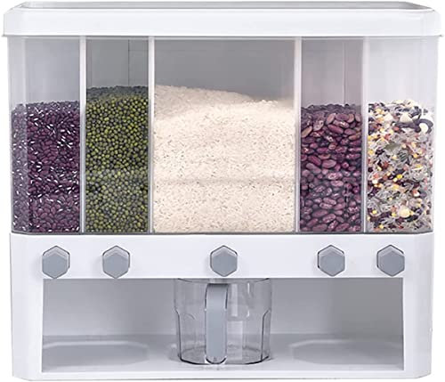 GImLY Distributeur de Riz à 5 grilles, Distributeur de céréales Mural avec Tasse, récipient de Stockage de Riz et de céréales pour la Cuisine à Domicile, cloison Amovible, 10L