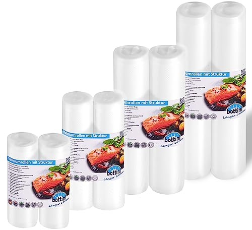8 x BOTTINI Vakuumrollen SET 15,20,25,28 x600 cm, PREMIUM Folienrollen, Sous Vide, für jedes Folienschweißgerät u. Vakuumiergerät, Lebensmittel