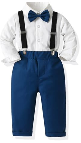 Acuryx Completini e Coordinati Gentiluomo Set per Bambino Ragazzo Battesimo Completo Camicia con Farfallino + Pantaloni con Bretelle 160cm