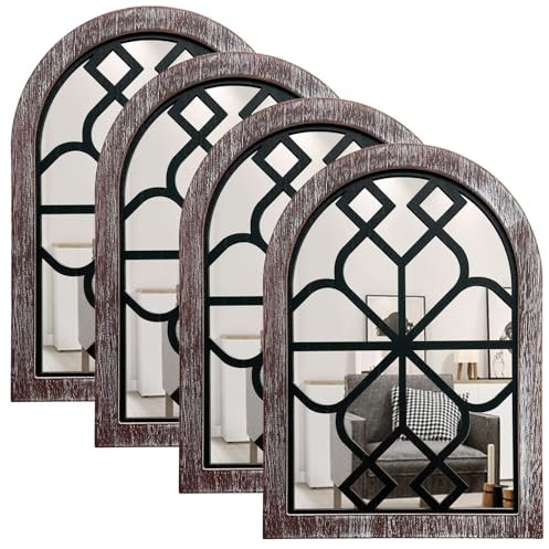 ZEXUIRU 4 espejos de pared con ventana arqueada, espejo rústico de granja, espejo de entrada con marco de madera para sala de estar, baño, dormitorio, cocina, 9.8 x 13.7 pulgadas, nogal