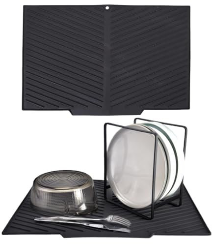 Echehi Dish Drying Mat with Built-in Drain Lip, 43.3 x 30 cm V-shaped Dish Drainer Mat with Non-slip Design, BPA-free and Easy to Clean. Black