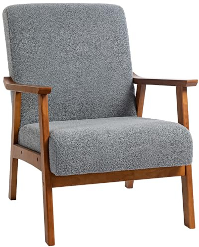 HOMCOM Armchair with Wide Seat, Boucle Accent Chair, Thick Padded Occasional Chair with Solid Wood Frame for Living Room Bedroom Home Office Reception Balcony, Grey