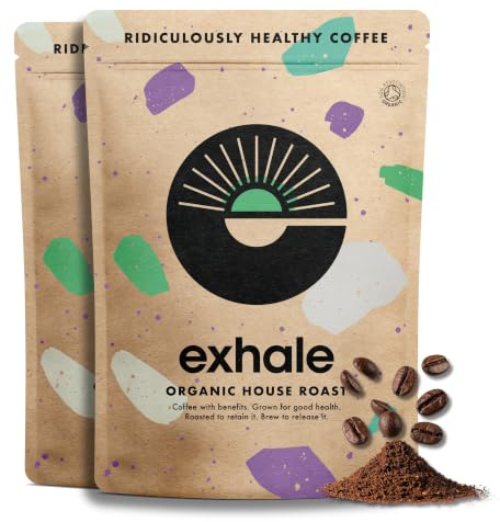 EXHALE Organic Fine Ground Coffee - Double 900g Pack - Mycotoxin Free, Mould Free & Polyphenol Rich - For Moka, AeroPress and Drip (Medium Roast, 900g)
