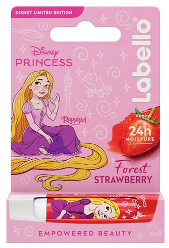 Labello Disney Princess Limited Edition Strawberry Shine 4.8 g, Balsamo labbra colorato con design con Rapunzel, Burrocacao bambina 3+ idratante 24h, Burrocacao labbra lip balm con aroma di Fragola