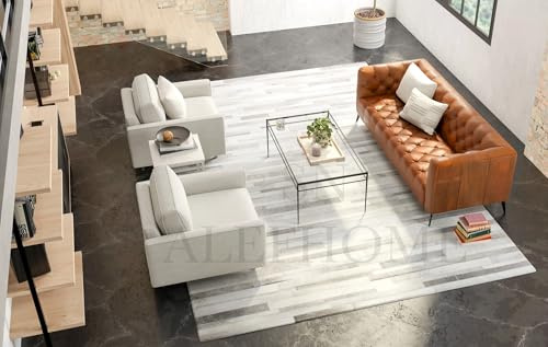 Alfombra de piel de vaca hecha a mano con retazos | Lujoso diseño a rayas | Alfombra antideslizante para sala de estar y dormitorio (plateado_0.8 x 3.6 m)