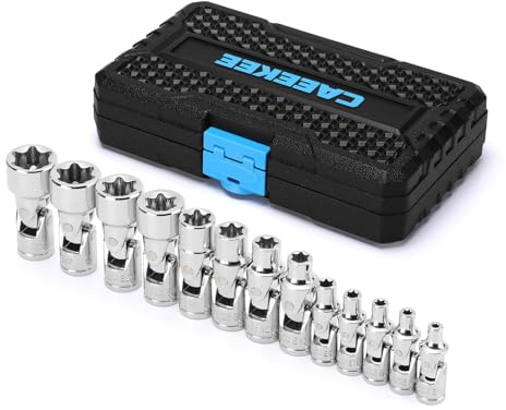 CaeeKee 1/4 & 3/8 Drive Universal External Star Socket Set, 13-Piece Universal Joint External Torx Socket Set, CR-V, Storage Case