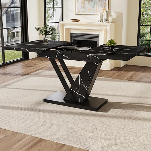 Merax Esstisch ausziehbar, erweiterbarer Esstisch Küchentisch mit schwarzem Marmorstruktul, für Küche und Wohnzimmer, 120/160 * 75cm, 4–6 Person, Schwarz-Marmor