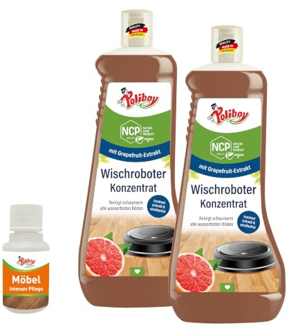 POLIBOY NCP Wischroboter Konzentrat - Bodenreiniger für Wischroboter & Saugroboter mit Wischfunktion - Schaumarmes Reinigungsmittel für versiegelte Böden - 2x 1L - inkl. Produktprobe - Made in Germany