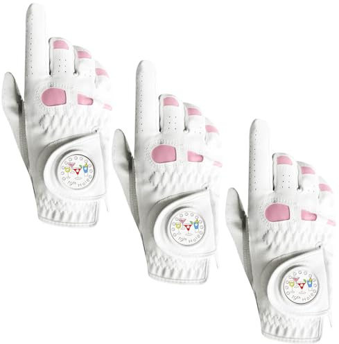 AXKAL Damen-Golfhandschuh für Linkshänder, Rechtshänder, Leder, mit Ballmarker, Vorteilspackung (nicht im Paar), langlebig, weich, gute Griffigkeit, Passform, S, M, L, XL (Rosa, S, rechts)