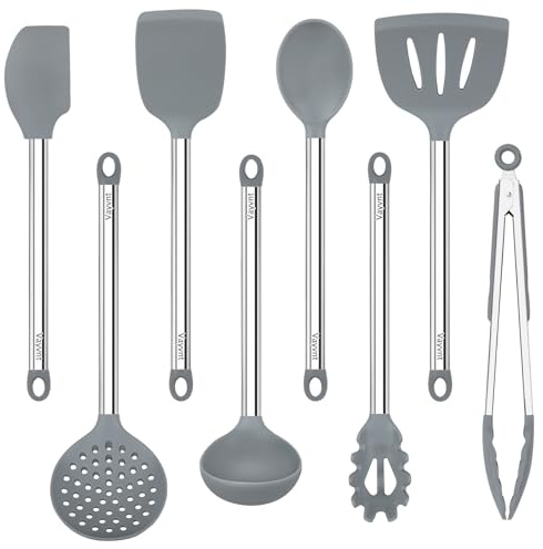 Vayvnt 8 PCS Cooking Utensils Set, Non-toxic Silicone Utensils, Gray | Heat Safe to 480℉, Dishwasher Safe, Stainless Steel Long Handle, Food Grade Silicone, Non Scratch, for Non Stick Cookware