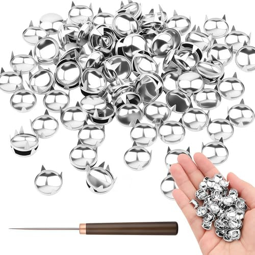 100PCS 10mm Round Dome Studs for Clothing - Silver Studs and Spikes Punk Rock DIY Leather Craft, Spikes Studs Rivets with Wooden Handle Awl for Pet Collars Belt Bags Shoes Decoration