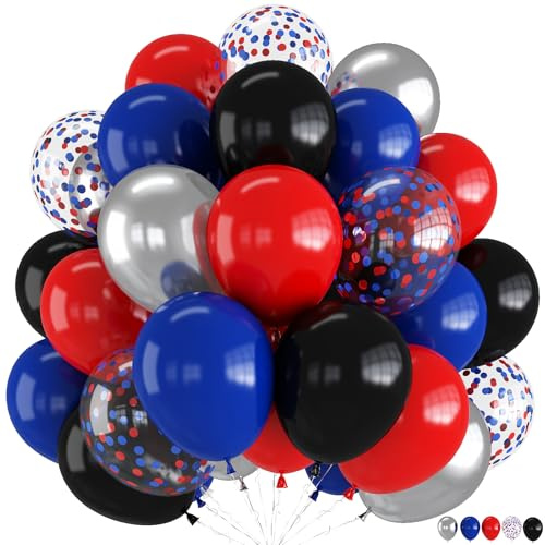Red Blue Black Balloons, 60Pcs 12Inch Red Blue Black Metallic Silver Confetti Balloons for Boys Birthday Party,Spider Theme Baby Shower Halloween Party Decorations supplies