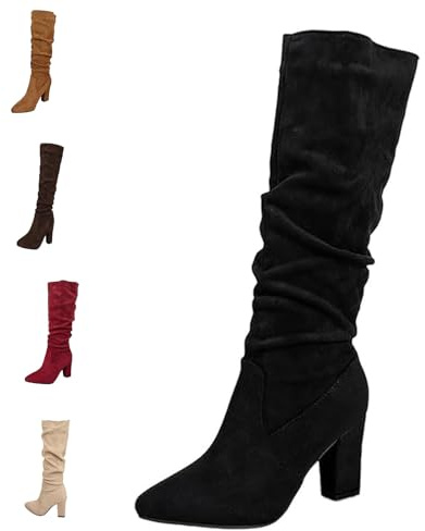 MASHANGGOU Stivali da donna eleganti al ginocchio in pelle scamosciata, con tacco a spillo e scarpe da indossare casual, Nero , 36/46 EU