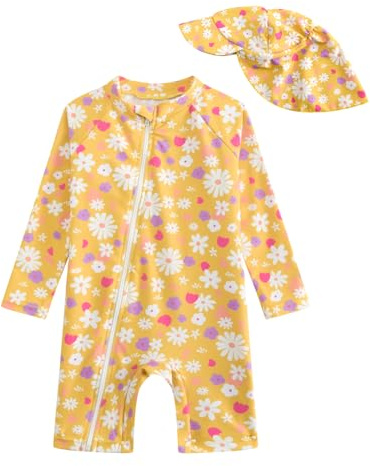 DivingBirds Costume da Bagno per Bambina a Maniche Lunghe, Costume da Bagno in Un Pezzo per Bambina con Cerniera Obliqua e Cappuccio, fiore, 6-9 Mesi