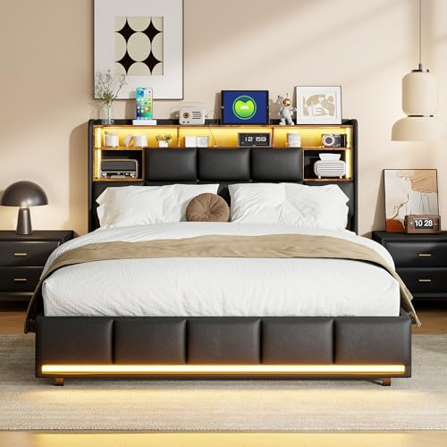 WSOFZMO Bett 140x200 Led, Polsterbett 140x200 mit Stauraum, Doppelbett mit USB Ladefunktion, Hydraulisch Stauraumbett, PU, Schwarz, Ohne Matratze (Stil02 140×200cm)