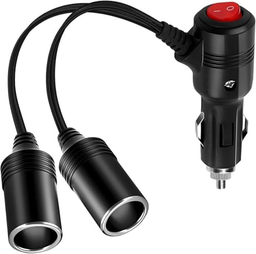 20cm 1 a 2 Cable de Extensión para Mechero de Coche, Doble Encendedor de Cigarillo con Interruptor, 18AWG/15A Mechero de Coche con Fusible, 12V/24V Enchufe Adaptador de Conector para Coche, Barco