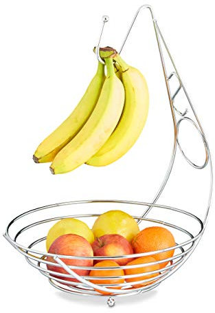 Relaxdays Obstschale mit Bananenhalter, Obstkorb verchromt, Bananenhaken, Stehend, HBT: ca. 42 x 29,5 x 32 cm, silber