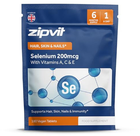 Zipvit Selenium 200mcg with Vitamins A, C, E. 180 Vegan Tablets. Supports Normal Thyroid, Skin, Hair & Nails, Immune System, and Antioxidant Protection. 6 Month Supply.