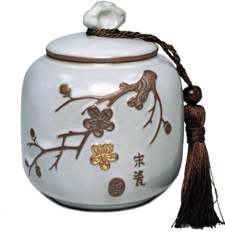 Dahlia Porcelain Tea Canister for Loose Tea, Airtight Longquan Celadon Tea Caddy, Embossed Lotus 700 ML