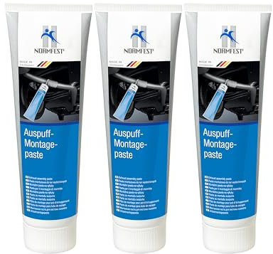 Normfest Auspuff-Montagepaste – Abdichtende, hitzebeständige Paste für Auspuffanlagen, Muffen- und Klemmenverbindungen, einfache Verarbeitung, schnelltrocknend, asbestfrei – 3x 150g