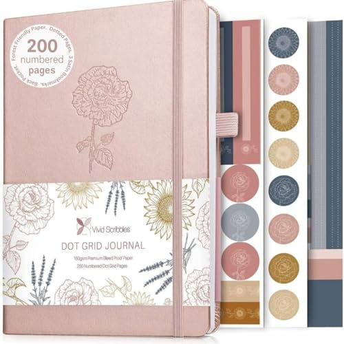 VIVID SCRIBBLES Bullet Dotted Journal – A5 gepunktetes Notizbuch mit 160 g/m² geisterfreiem, langlebigem, blutsicherem Papier mit Innentasche, 3 Satin-Lesezeichen und einer Deluxe-Geschenkbox