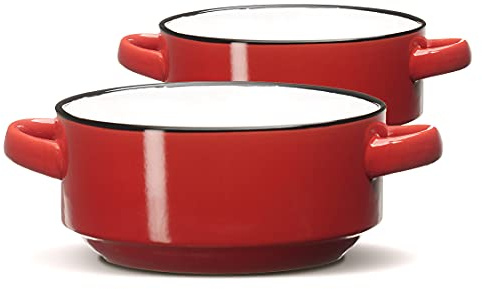 ECODECO Ceramic Soup Bowls with Handles – Set of 2 (16 oz) – Red | Oven & Microwave Safe – Gift Boxed – Ideal for French Onion Soup, Baked Meals & Housewarming Gifts