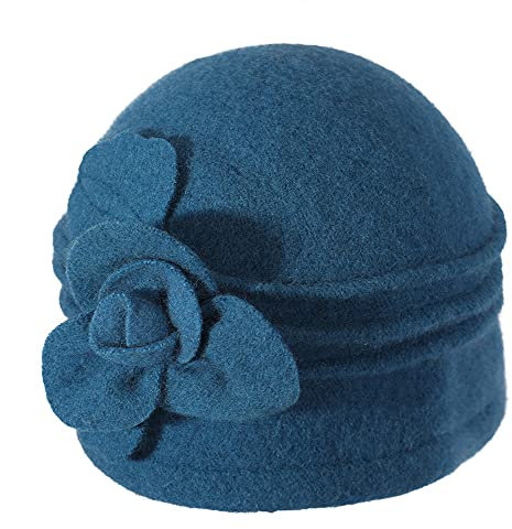 ZLYC Damen Winter Wolle Fischerhüte Blumen 1920s Vintage Bowler Hut (Blume Pfauenblau),Gr.Einheitsgröße