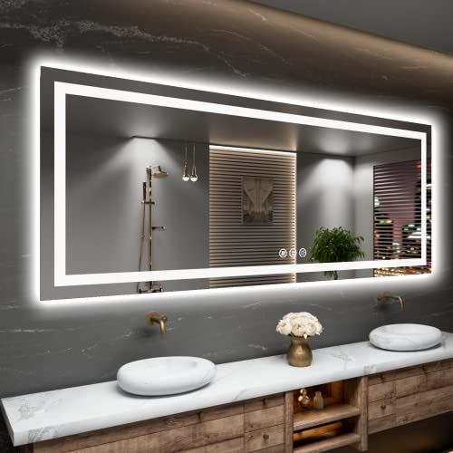 Amorho LED Bathroom Mirror, 72 X36 with Front Light and Backlit, Large Wall Mirrors with Anti-Fog, Dimmable, Shatter-Proof, Memory, 3 Colors, Mountable LED Vanity Mirror