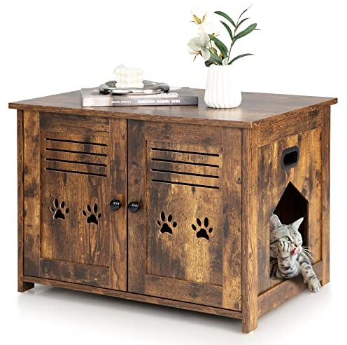 COSTWAY Mueble Arenero para Gatos con Doble Puerta, Baño Oculto, Mesa de Café, Casa Grande y Pequeña 70 x 51,5 x 50,5 cm