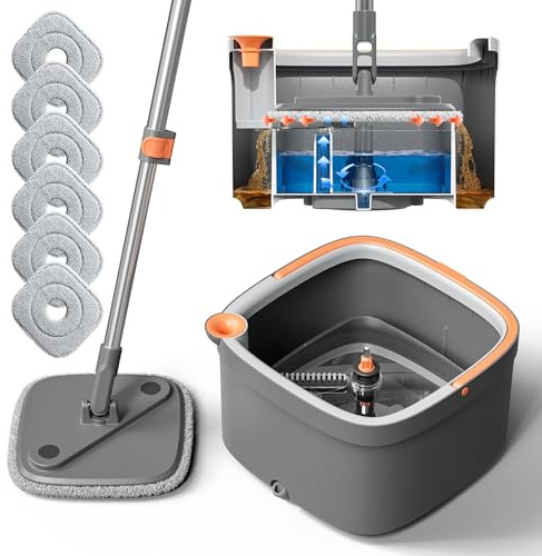 KZKR Juego de fregona giratoria y Cubo con 6 Almohadillas de Microfibra reemplazables con Sistema de Agua Sucia y Limpia de autoseparación, Cabezal Cuadrado Giratorio de 360° para Suelos de mármol y