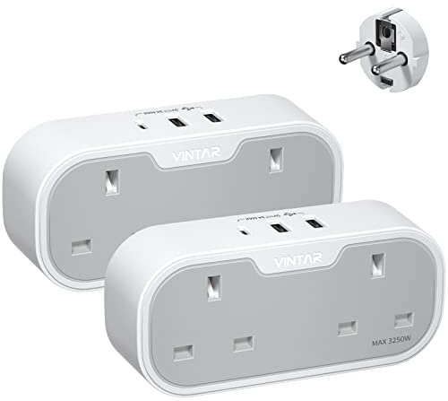 UK to European Plug Adapter, VINTAR 2 Way Grounded Schuko Europe Travel Adapter with 2 USB A 1 USB C Ports, Double Plug Adaptor UK to EU for Germany France Spain Russia and More (Type E/F),2 Packs