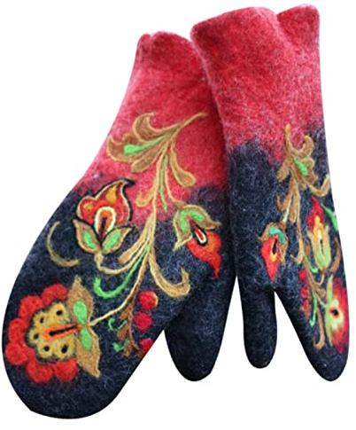 Valink Kvinnor vinterhandskar mode broderi blommor vantar, kashmirer förtjockade broderade vinter varma handskar röda