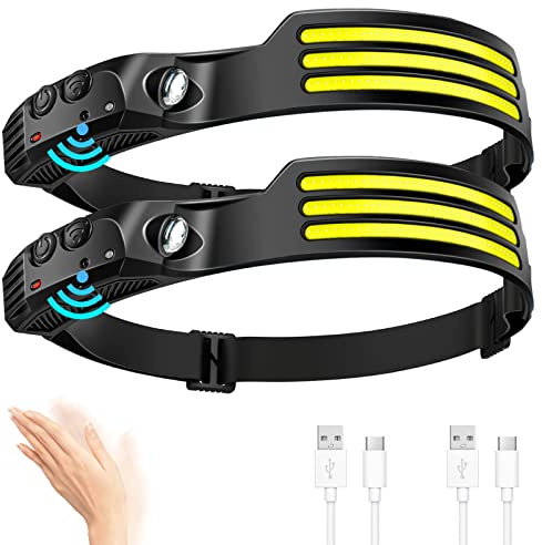 DAWINSIE Stirnlampe LED Wiederaufladbar USB [2 Stück], Intelligenter Sensor Kopflampe mit 5 Lichtmodi, Wasserdichte Superhell Stirnlampen für Hikezeit, joggen, Angeln,Campen