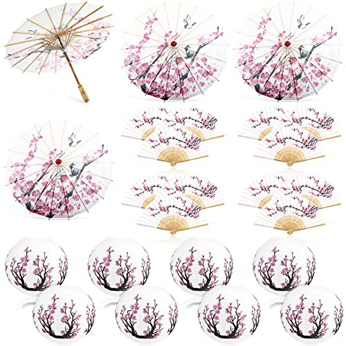 Roowest 24 Stück Kirschblüten-Dekoration, einschließlich 4 Stück chinesischer geölter Papierschirm, 8 Stück asiatische japanische Papierlaternen, Lampe, rosa Seide, Party, Dekoration