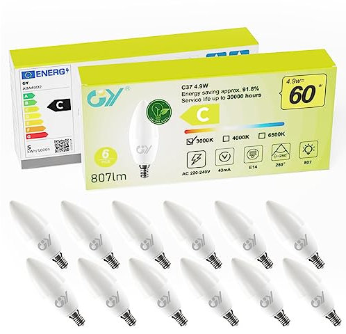 GY E14 LED Ultrahelle Energiespar Glühbirne, 4.9W Glühbirne E14, Ersetzt 60W lampe, C37 LED Birne 807LM, 3000K Led Warmweiss, 280° Abstrahlwinkel Energiesparlampe, Nicht Dimmbar, 12 Stück