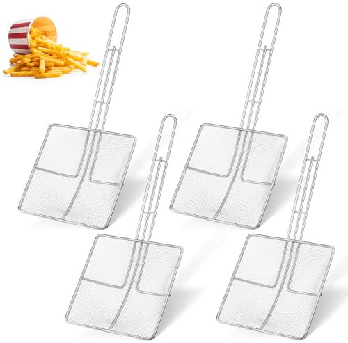 Mumufy 4 schiumarole quadrate a maglia fine per friggitrice, in acciaio inox, con manico lungo, per cucina, piscine, fritti (16 x 17 cm)