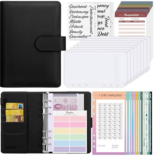 SKYDUE Budget Planner Deutsch,Spar Challenge Für Budget Planer,A6 Budget Für Beginner Mit Geld Organizer, Haushaltsbuch Mit Geldfächer, Bugetplaner Deutsch Startset (Schwarz)