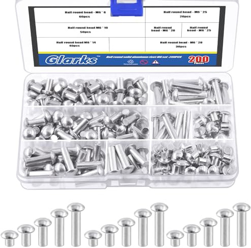 Glarks 200Pcs M6x6/10/14/20/25mm Aluminum Brazier Head Solid Rivets Length 6mm 10mm 14mm 20mm 25mm Aluminum Rivets Fasteners High Corrosion Resistance for Metal Joining and Repair