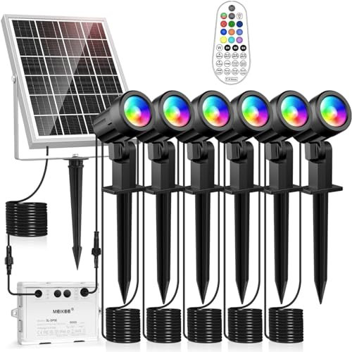 MEIKEE Spot Solaire Exterieur, 6 En 1 RGB Projecteur Solaire Exterieur avec Télécommande, 10 Couleurs 12 Modes Changement de Couleurs Étanche IP66 Lampe Solaire Exterieur pour Jardin Chemin Pelouse