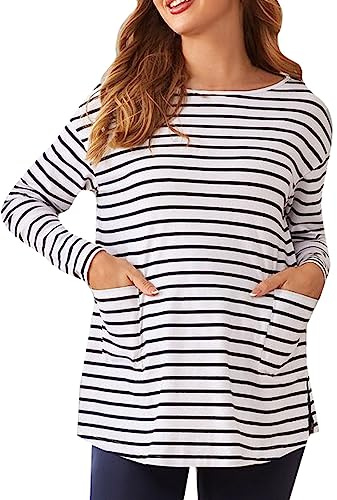 Batik Camisa Negro Primavera Y Otoño Doble Bolsillo Rayas Madres Desgaste Manga Larga Cuello Redondo Moda Casual Mamás Top Embarazo, Blanco, L