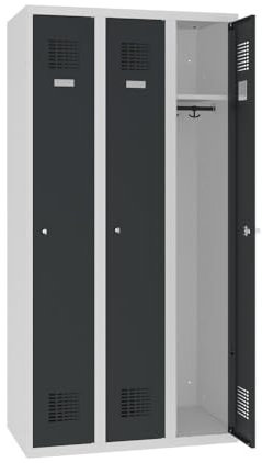 Steinbock Spind bodenstehend | 3 Abteile | HxBxT 180 x 90 x 50 cm | abschließbar | Drehriegelverschluss | Anthrazit | Metallspind inkl. Einlegeboden, Kleiderstange, Namensschild